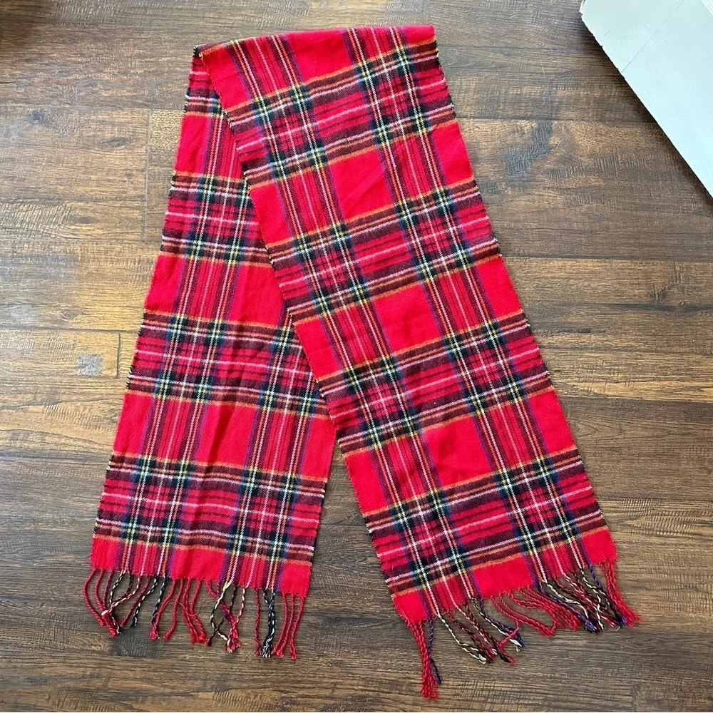Red Tartan Plaid Scarf with Fringe Ends